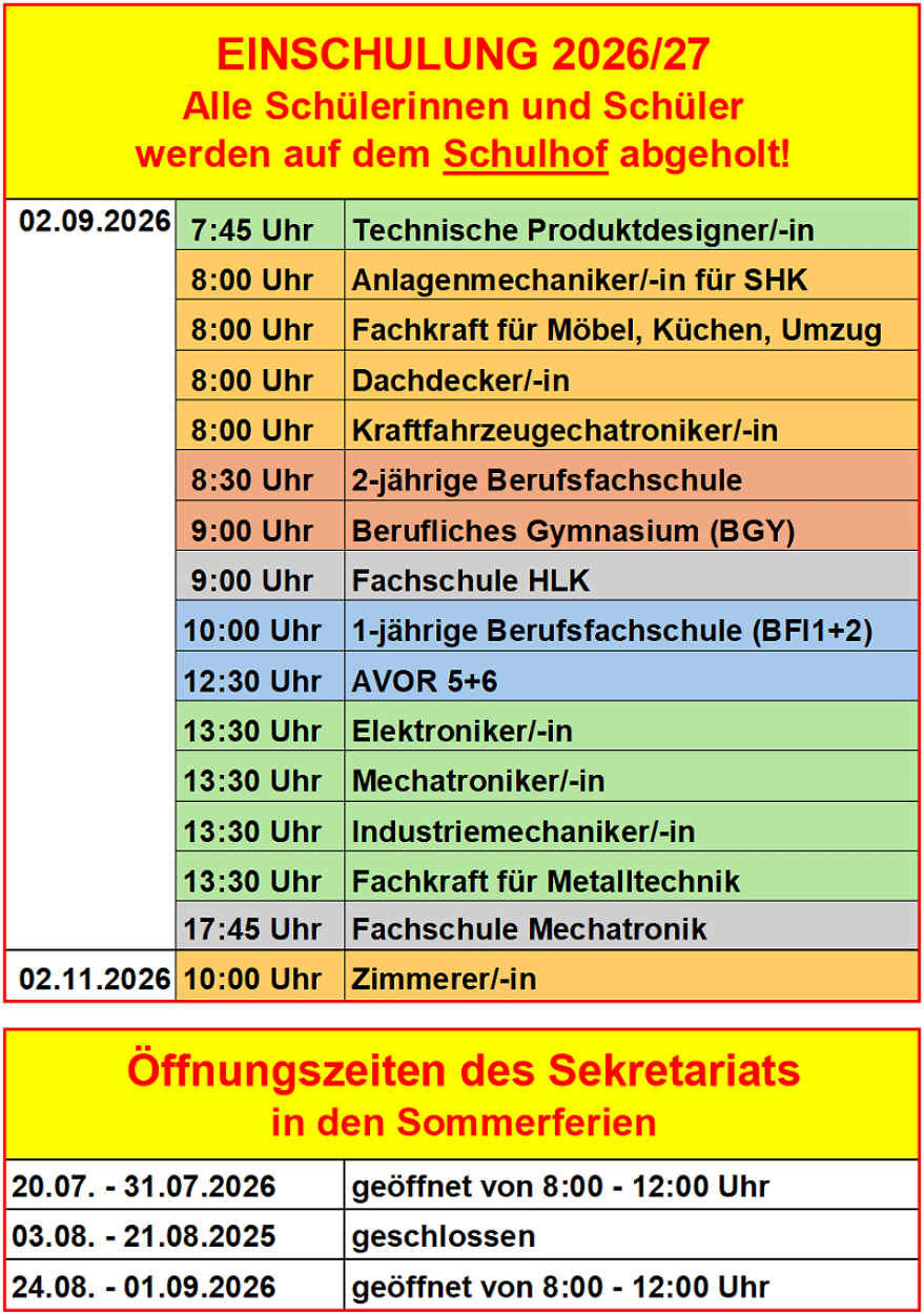 Die Einschulungen finden am 2.9.26 statt.